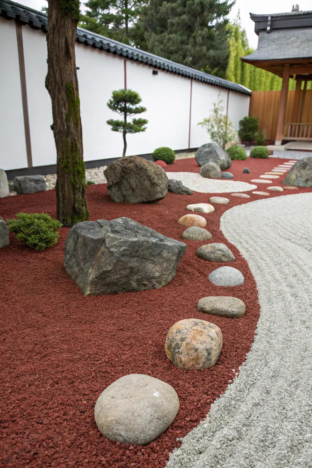 Scarlet volcanic stones infuse a serene, minimalist ambiance into this Zen sanctuary.