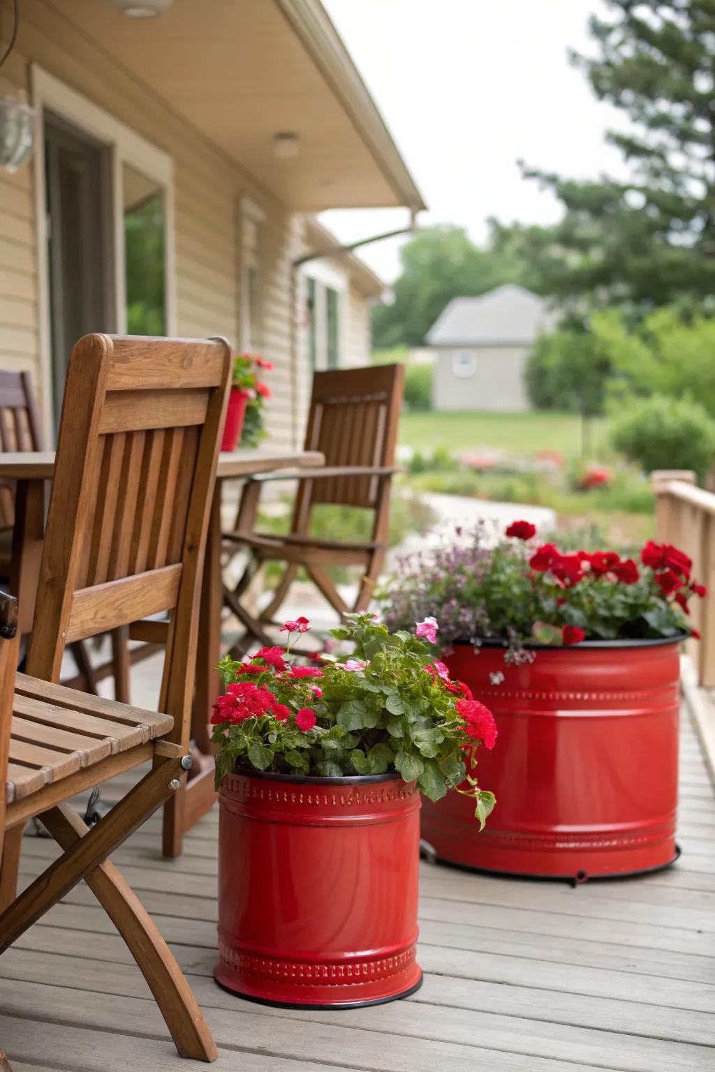 A contemporary fusion of wood and scarlet metal accents.