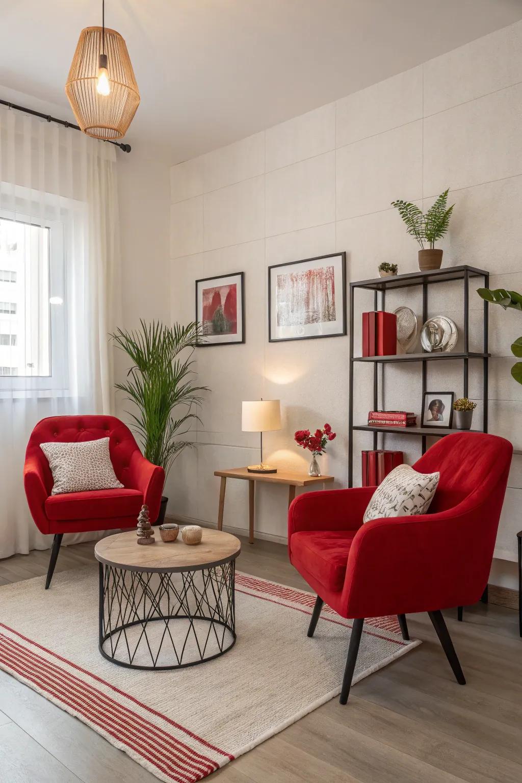 A modern-themed space featuring red accents for a bold and revitalizing aesthetic.