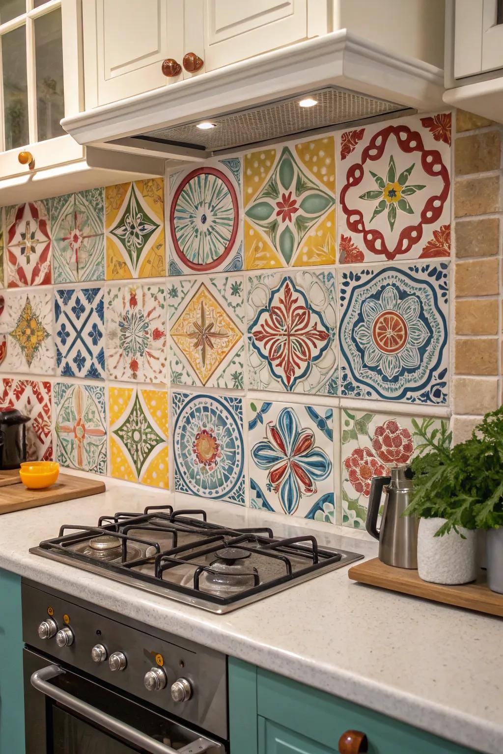 Colorful relief tiles infuse the kitchen with a playful and lively spirit.