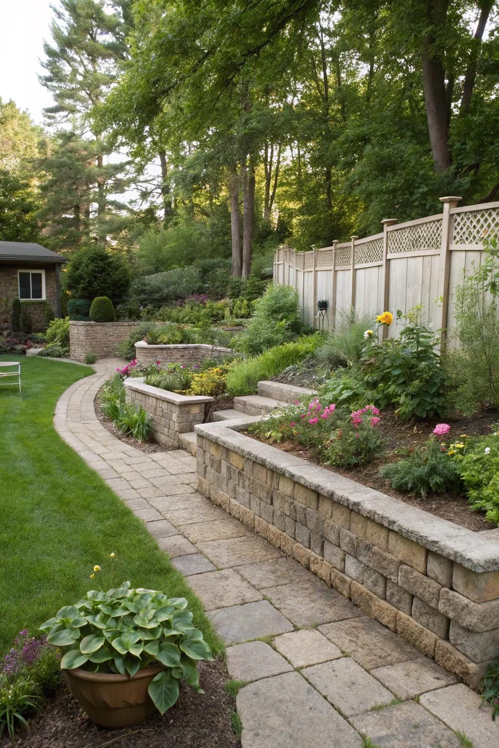 Border walls setting up defined and stylish boundaries in a backyard garden.