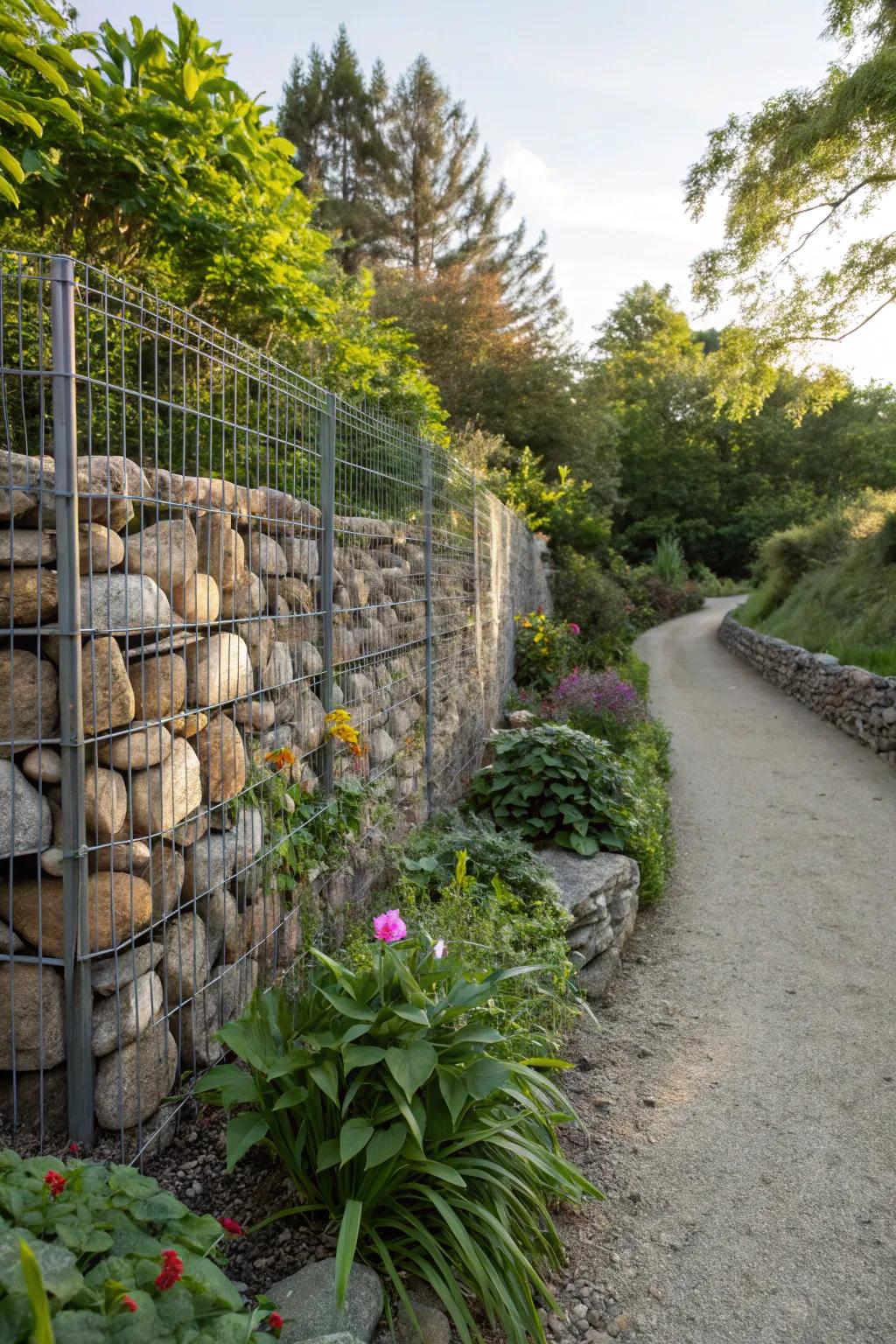 Gabion structures manifest a sturdy, industrial ambiance.