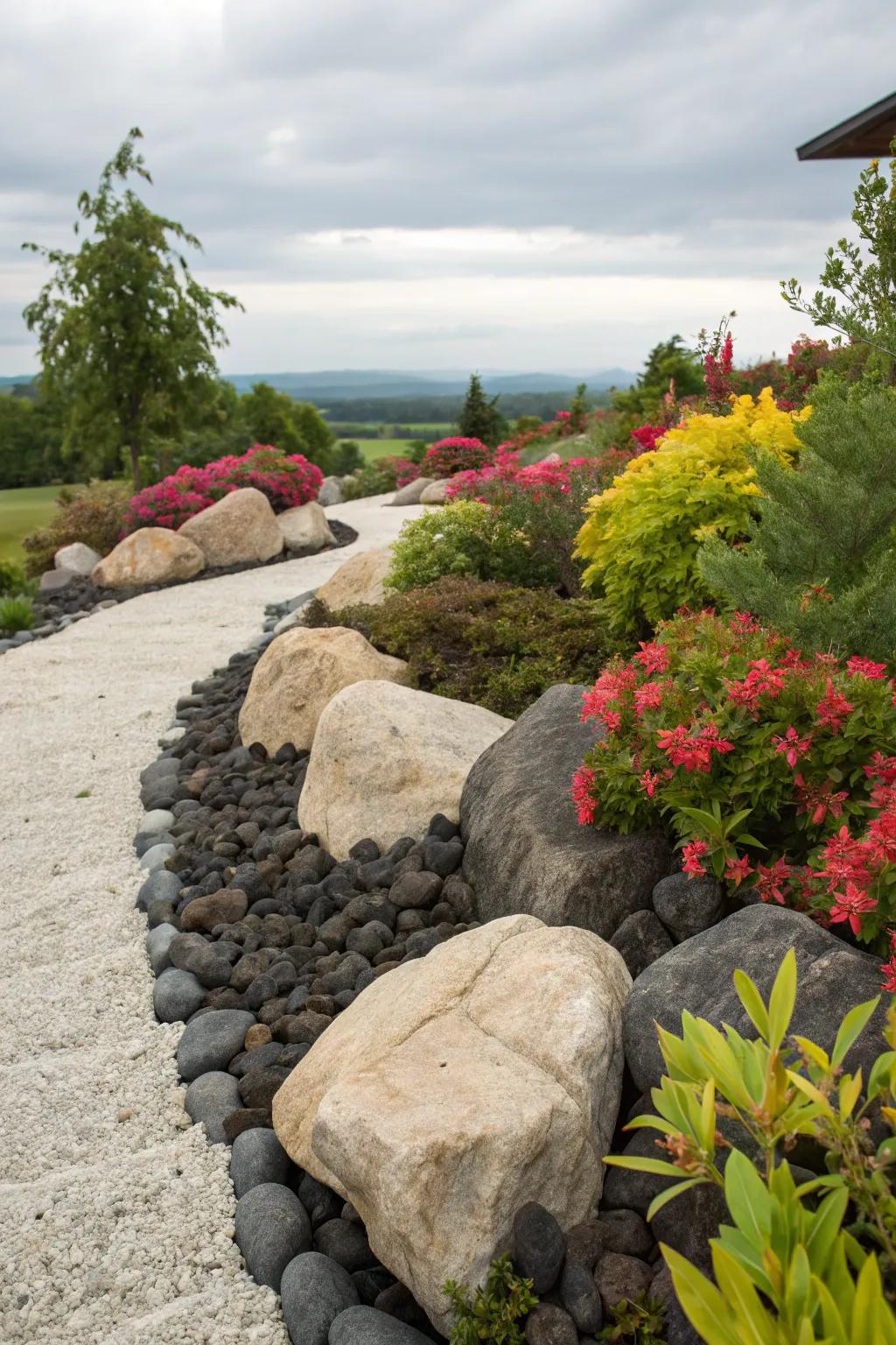Hue contrasts between stones and vegetation create a bold declaration.