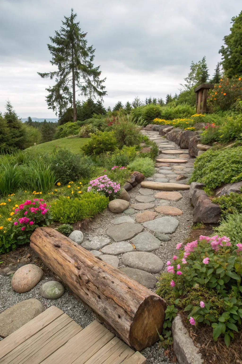 Timber and stone together create a welcoming, inviting route.