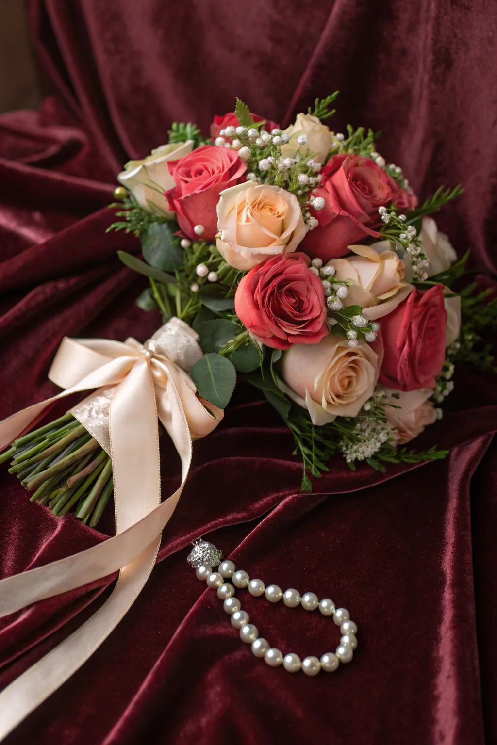 Luxurious details enhance this rose arrangement.