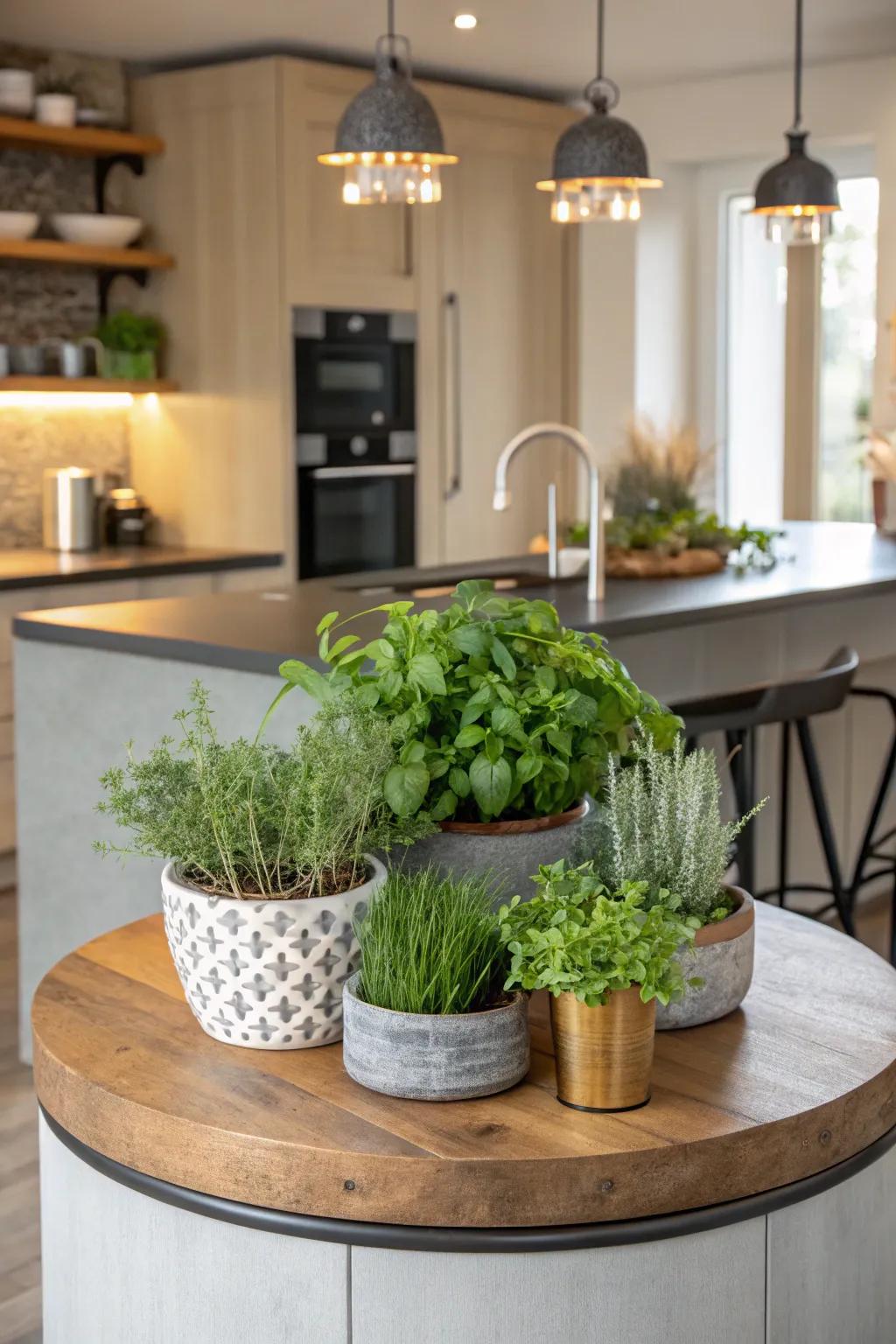 Plant life adds a refreshing accent to a circular kitchen island.