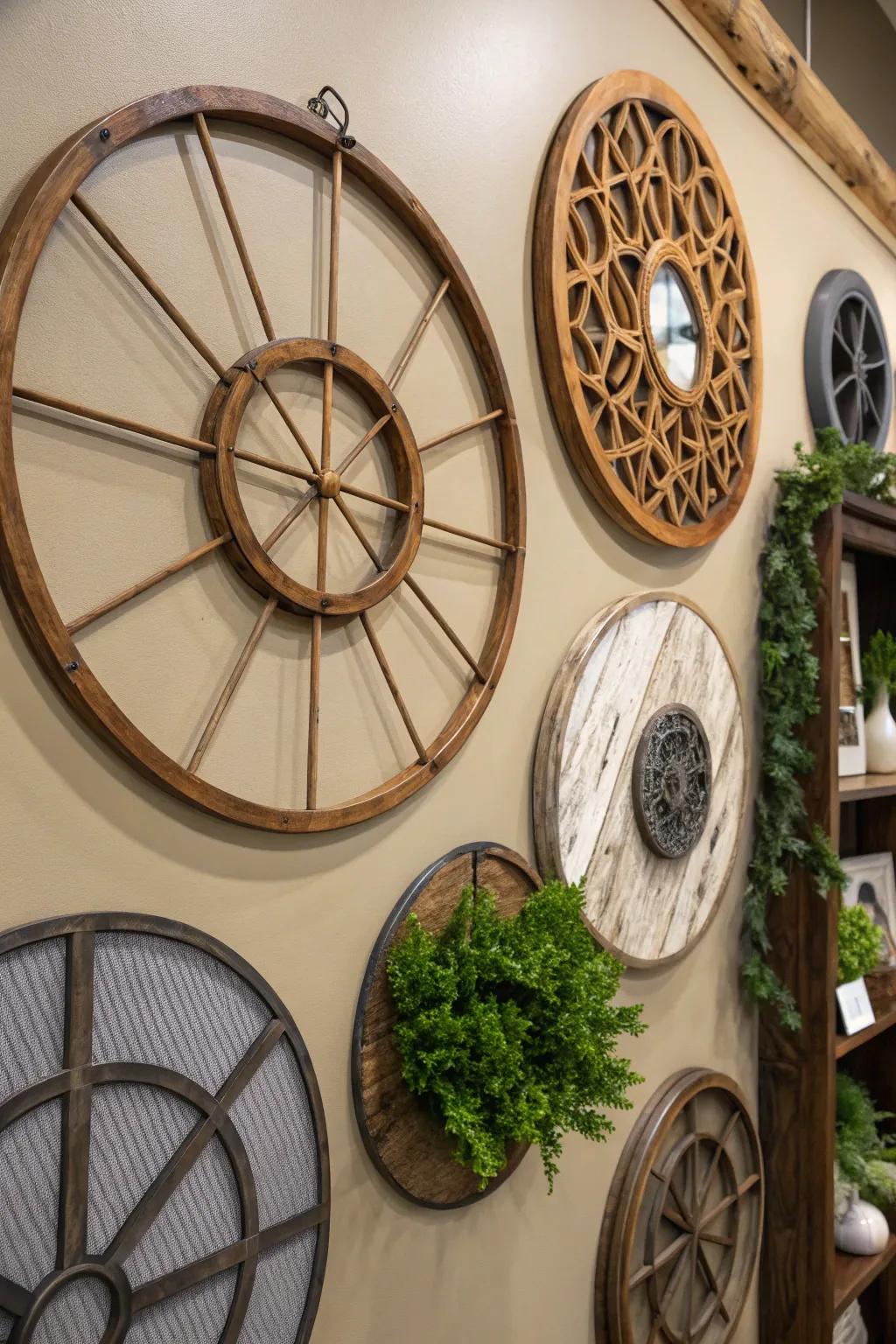 Wall showing off mixed material round decor to give a textured aesthetic.