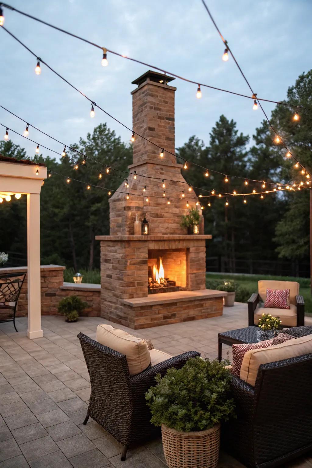 Exterior brick fireplaces create a cozy gathering space.