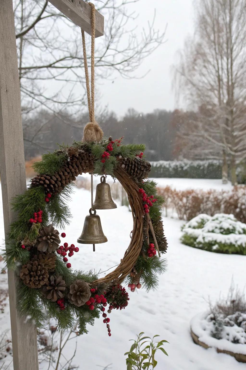 Rustic bells add festive sounds to this Christmas wreath.