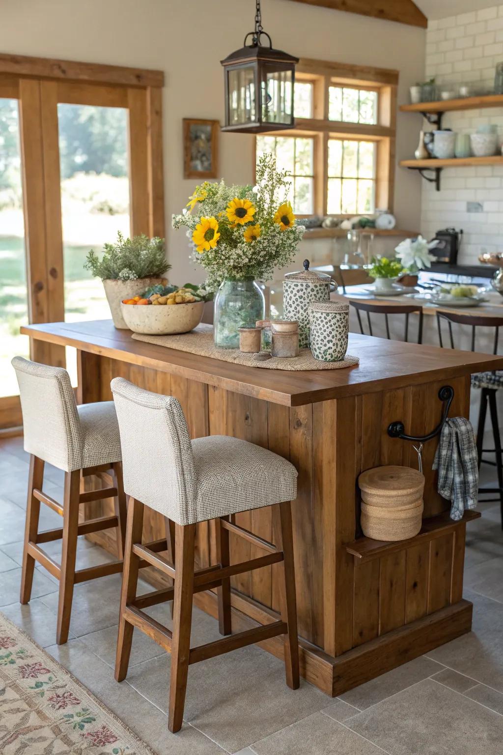 A welcoming countryside kitchen island with high stools for additional seating.