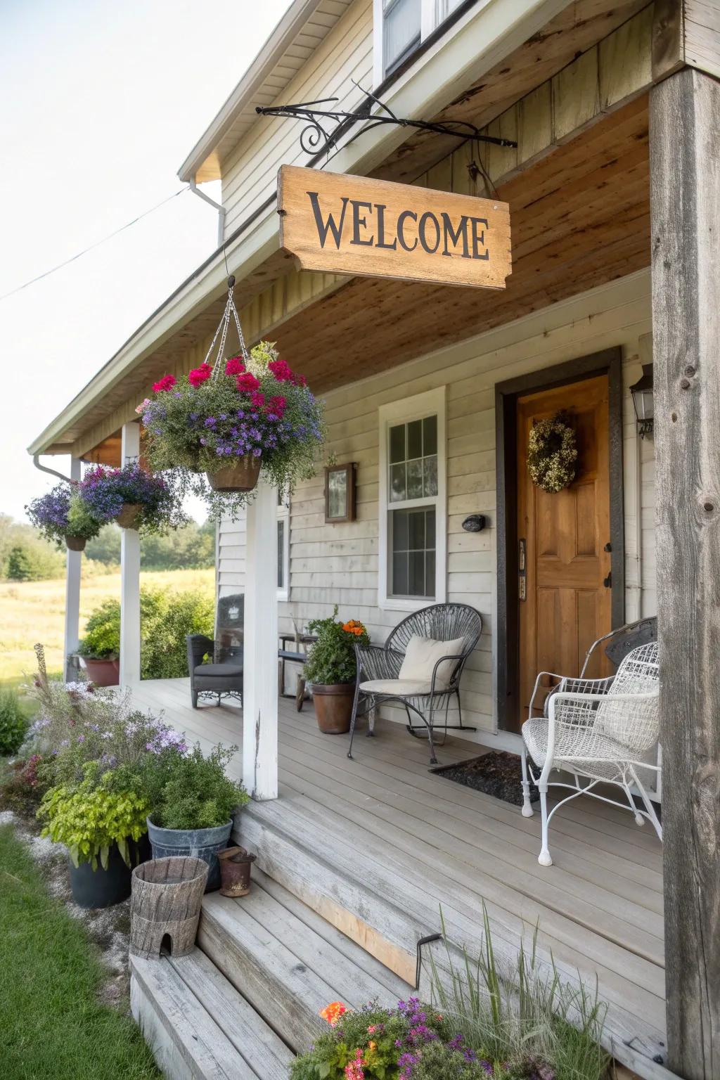 A country-style marker adds a personal touch to this farmhouse porch.