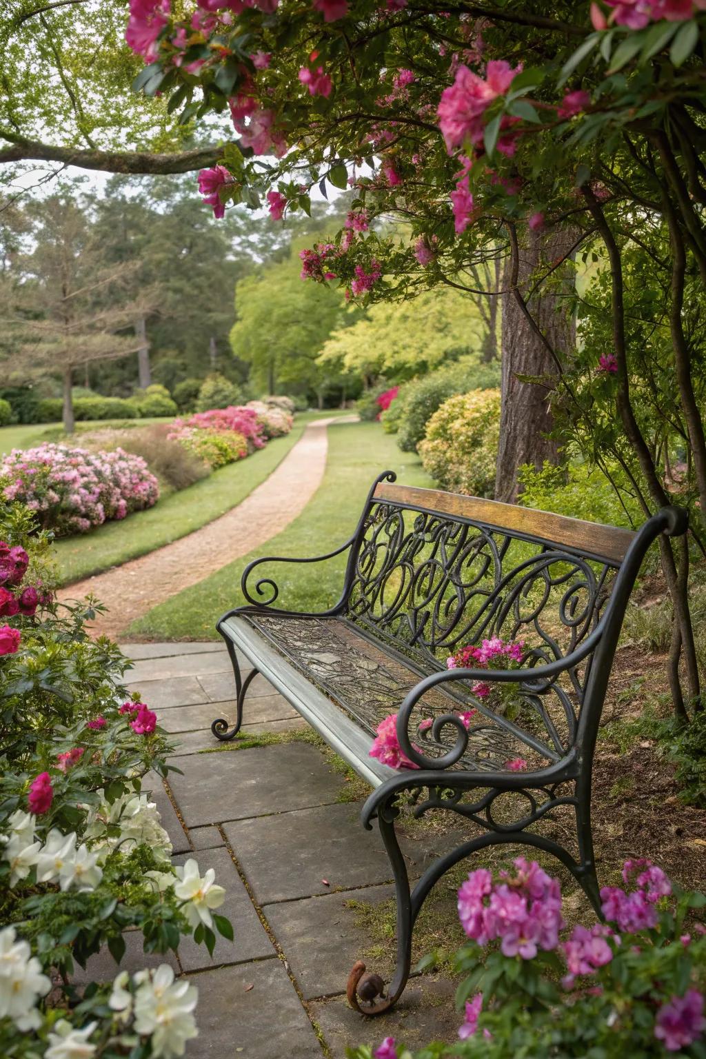 A metal seat that acts as both seating and garden art.