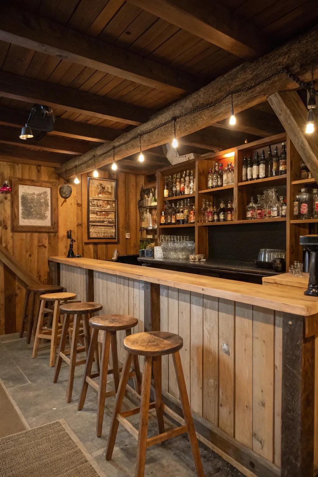 A countryside bar zone with stools fashions a snug location for socializing.