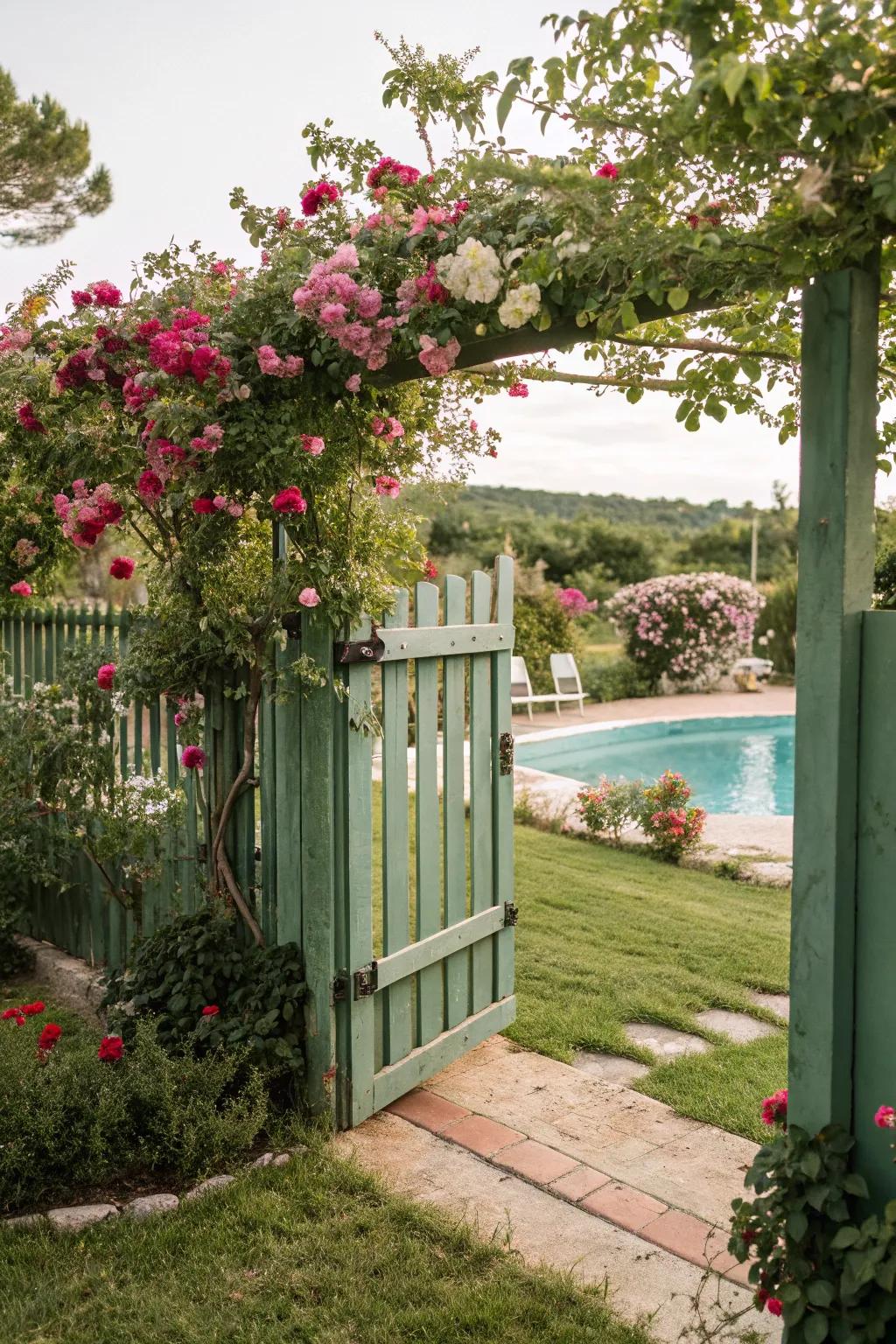 A verdant timber barrier entwined with vines, enhancing garden beauty.