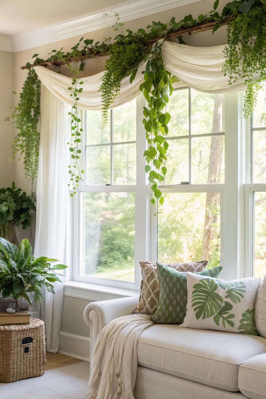 A nature-inspired dwelling space featuring a valance embellished with verdure, cultivating a serene atmosphere.