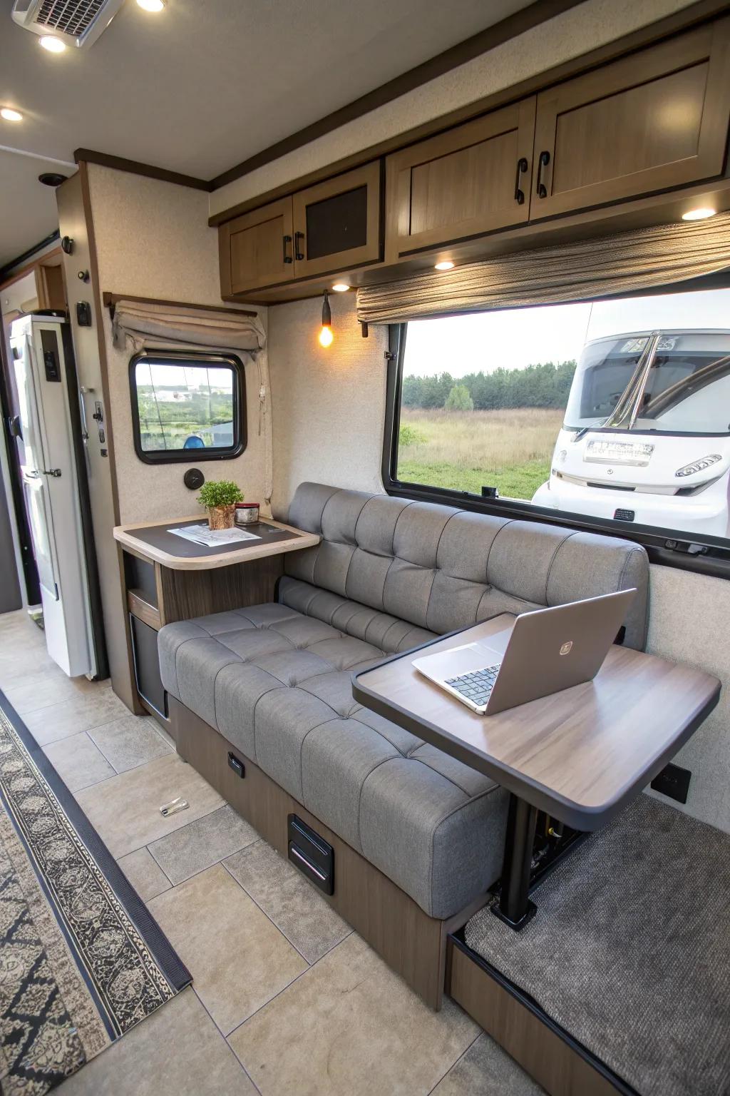 Multi-functional furniture optimizes space and utility in an RV.
