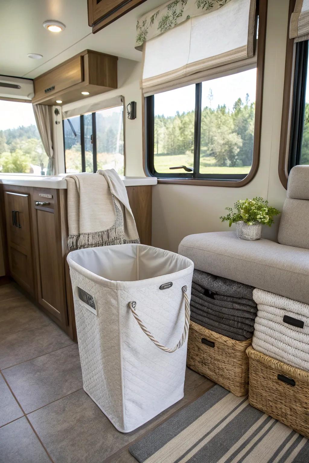 A decorative hamper adding elegance to the RV's decor.