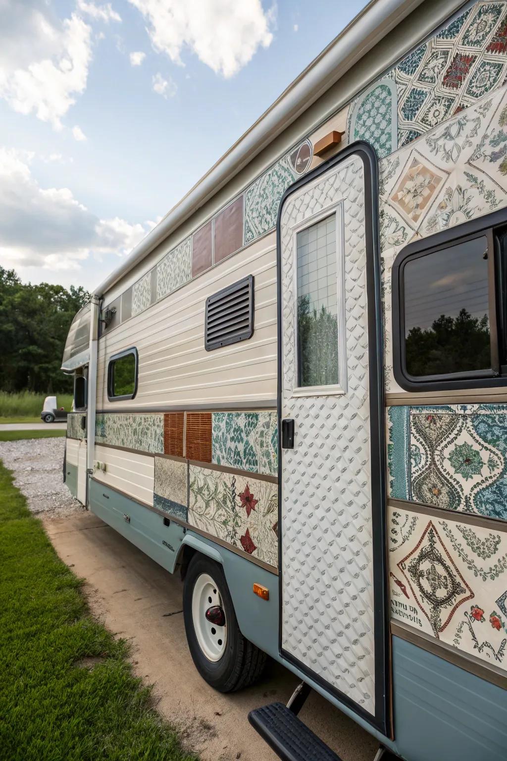 Sculpted film siding introduces patterns and dimension to your RV.