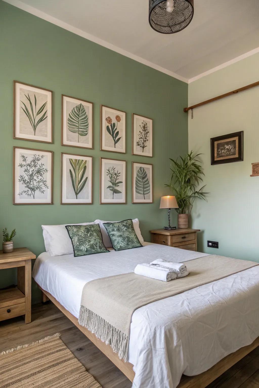 Sage green wall art enriches depth and harmony to a serene bedroom setting.