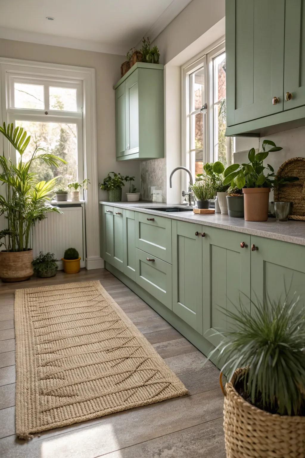Tactile components like carpets and plants enhance the kitchen's warmth.