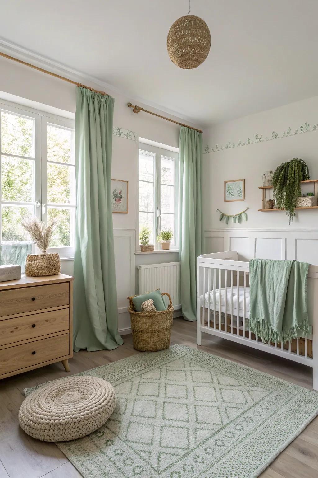 Minimalist furniture maintains a serene and open feel in a soft leaf green nursery.