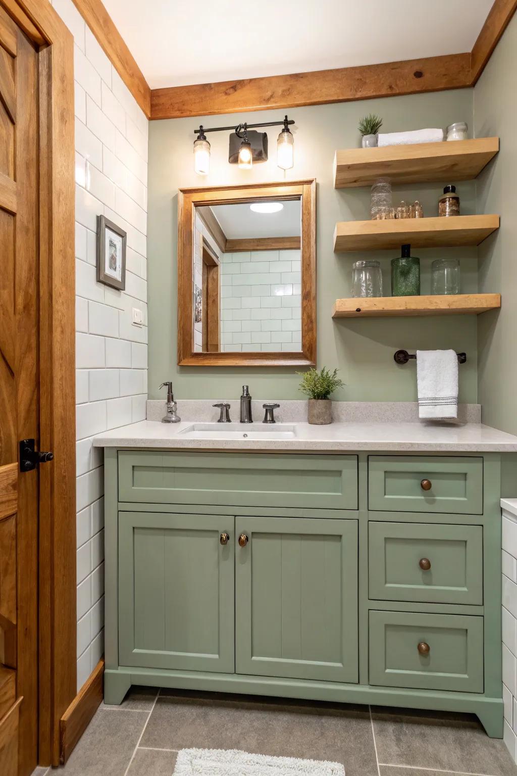 A comfy bath with a willow tint vanity and raw wood touches.