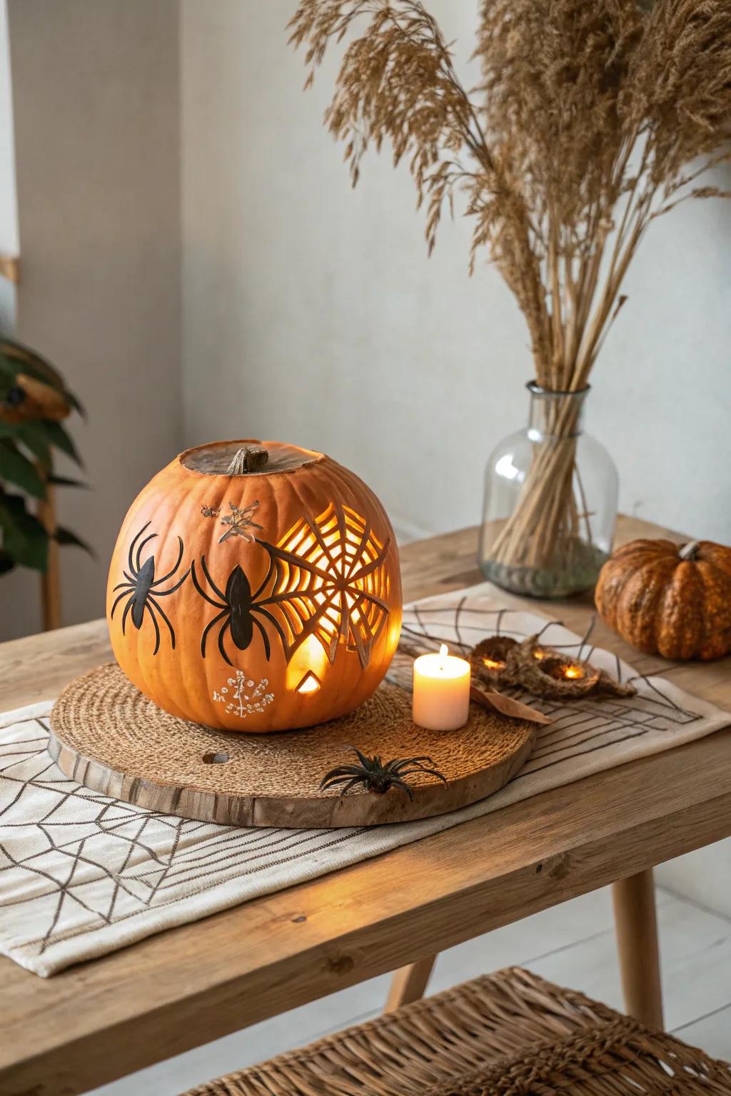 Delight in the eerie beauty with a spider-infested pumpkin, where minimalist design encounters spooky creativity!
