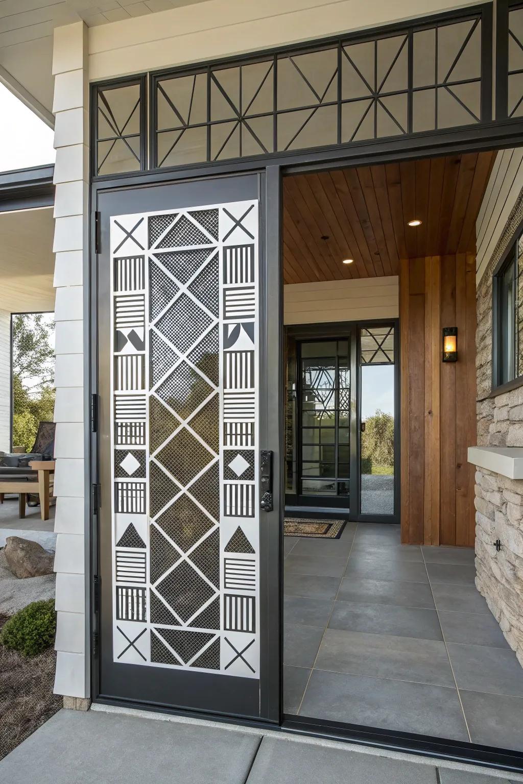 Geometric patterns on a screen door add a modern twist to this entryway.