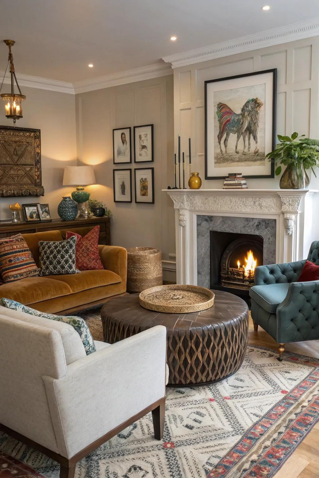 A fusion of contemporary and conventional aesthetics enriches the fireplace zone with character.