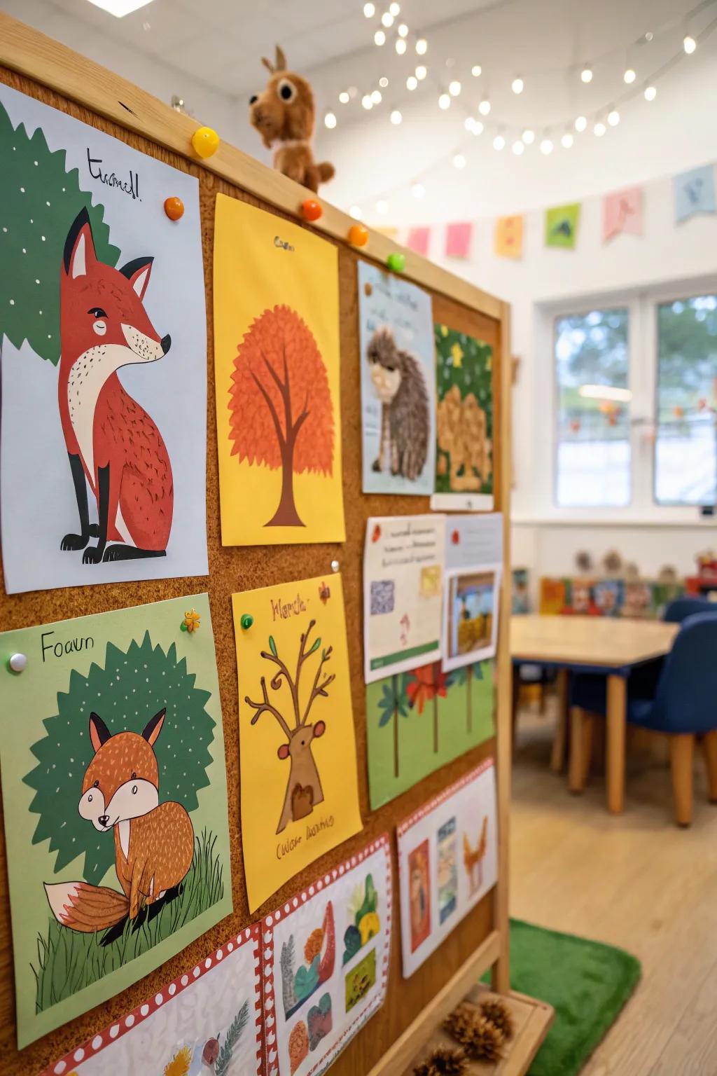 A forest creatures-themed display board.