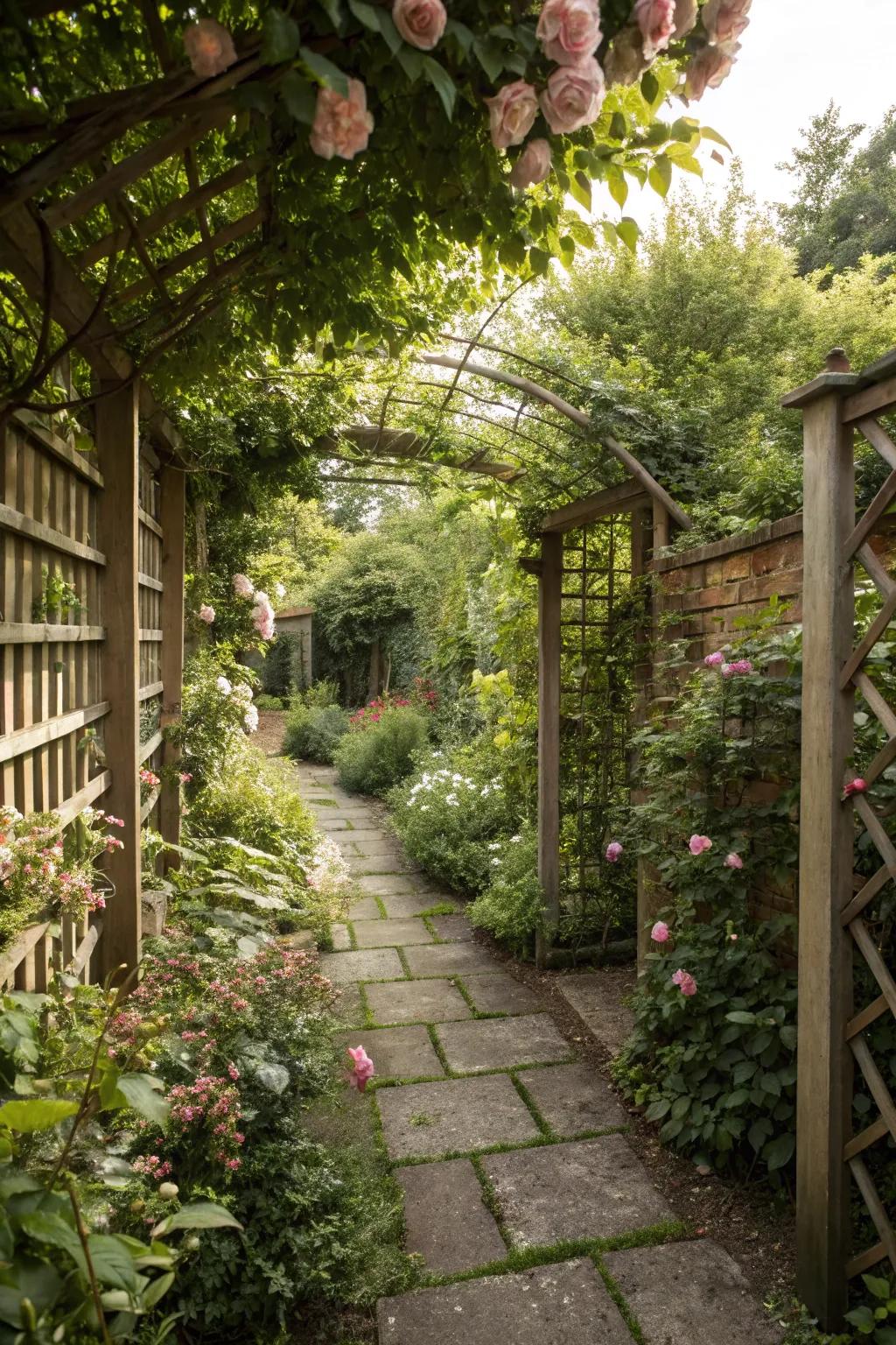A secluded nook within the garden featuring thick foliage.
