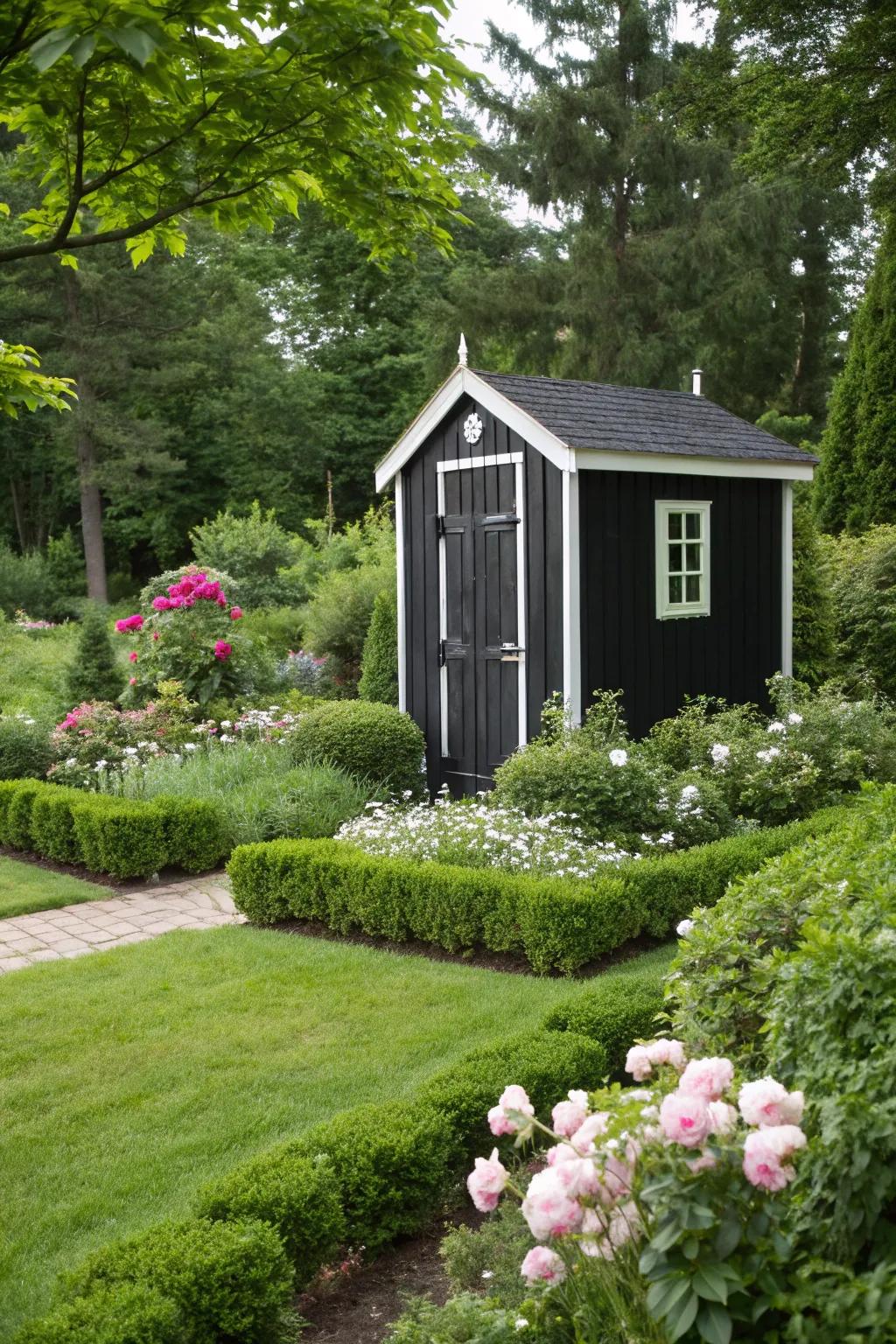 Timeless ebony sheds create dramatic artistry in any garden setting.