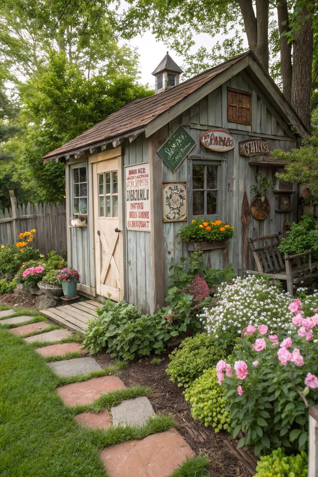 A garden shed featuring charming vintage signage.