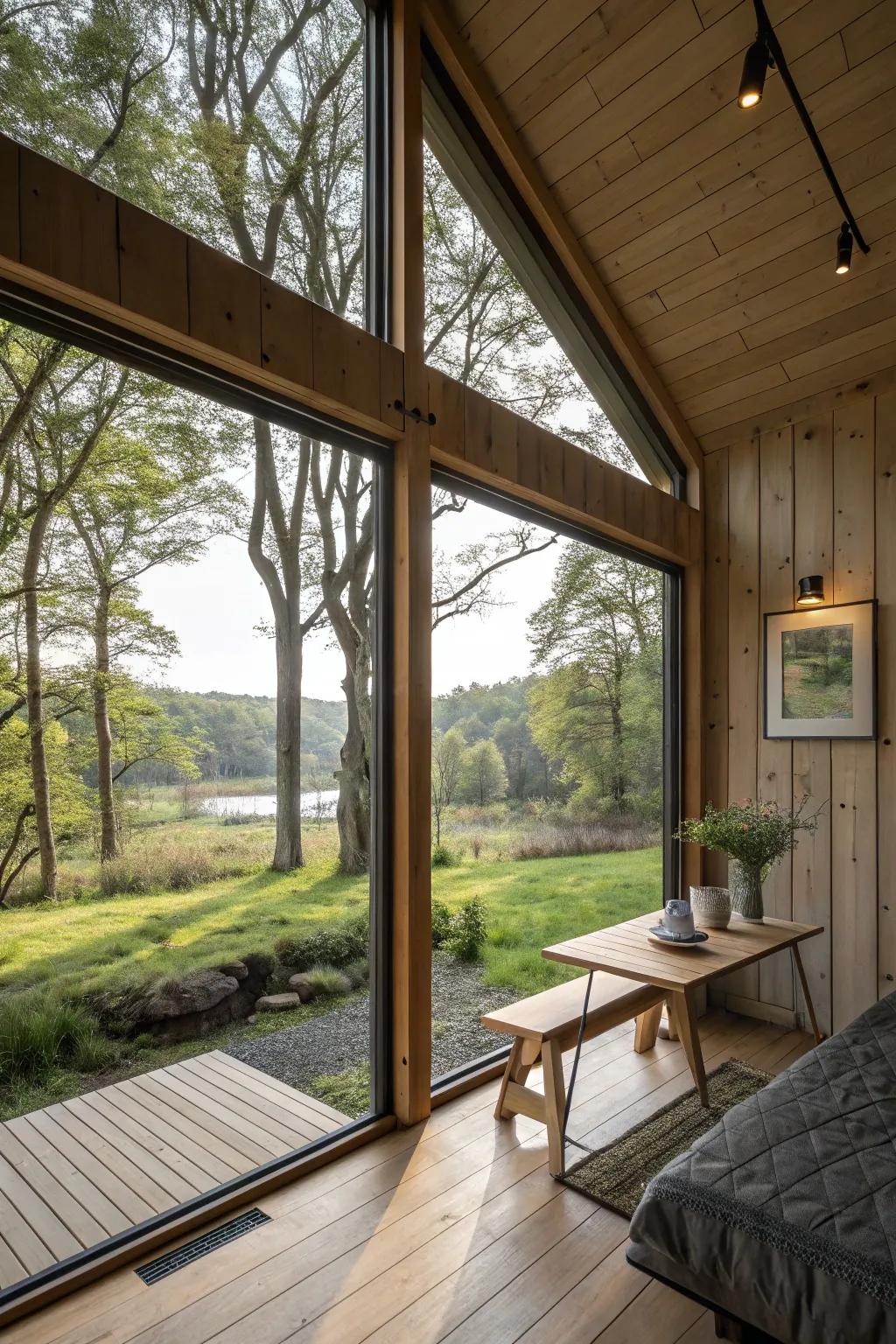 A shed home featuring expansive windows that provide spectacular views of nature.