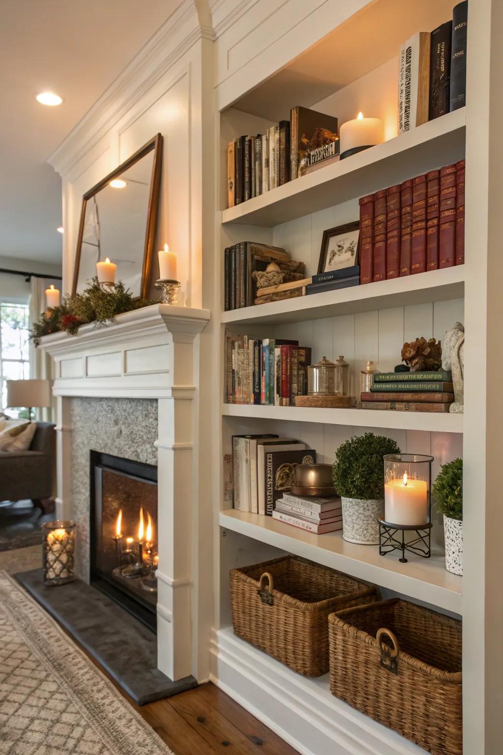 Shelves near a fireplace boost room function.