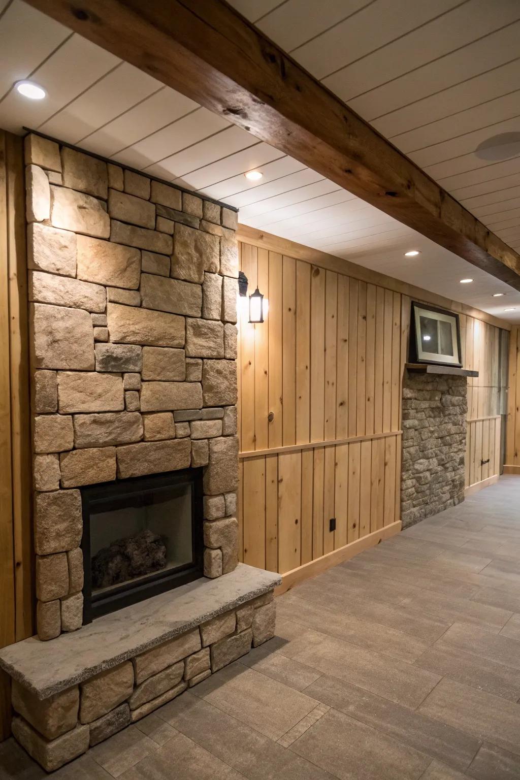 A basement exhibiting an arrangement of paneling walls and a stone fireplace.