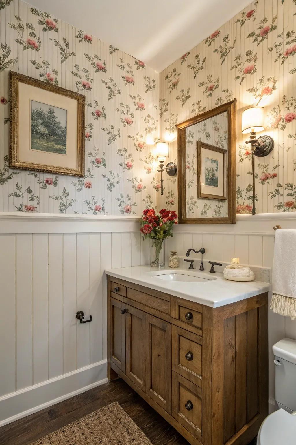 A bathroom featuring plank cladding wainscoting that adds texture.