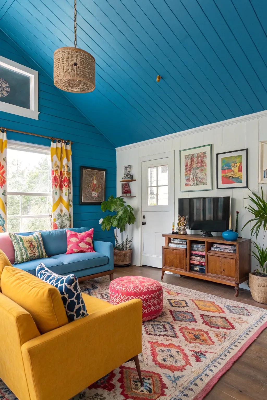 A daring blue shiplap ceiling adds a distinctive flourish to the space.