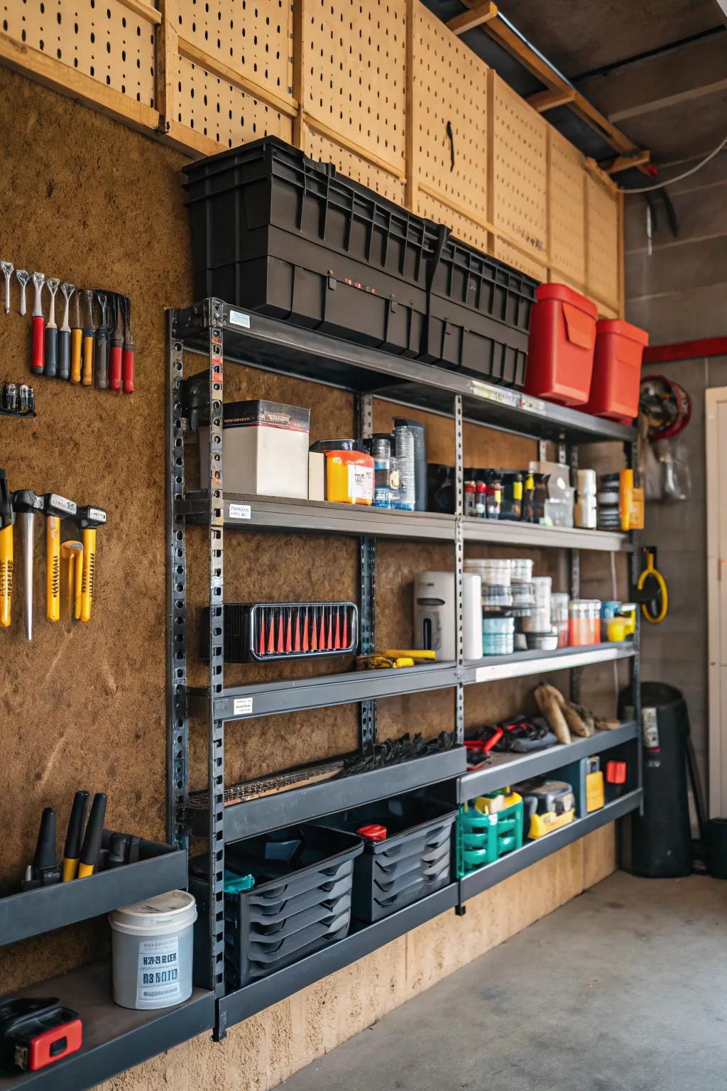Racking systems filled with arranged tools and materials.