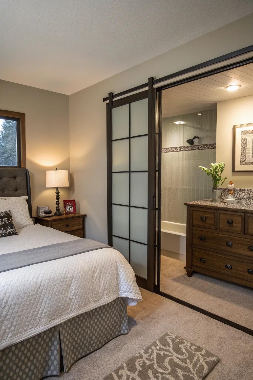 Stylish privacy by using sliding doors in the bedroom shower.