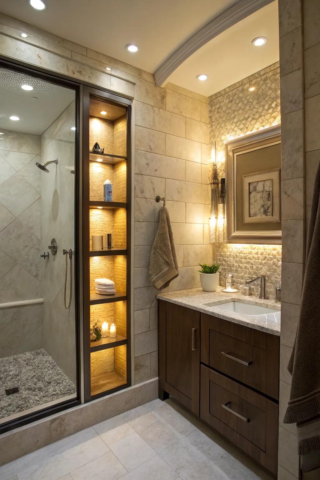 Brightened shower niche featuring recessed lighting