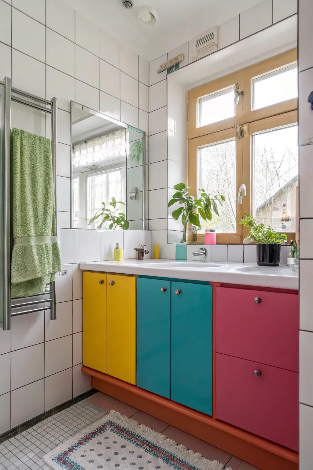 Bright colors revitalize this fashionable bathroom.