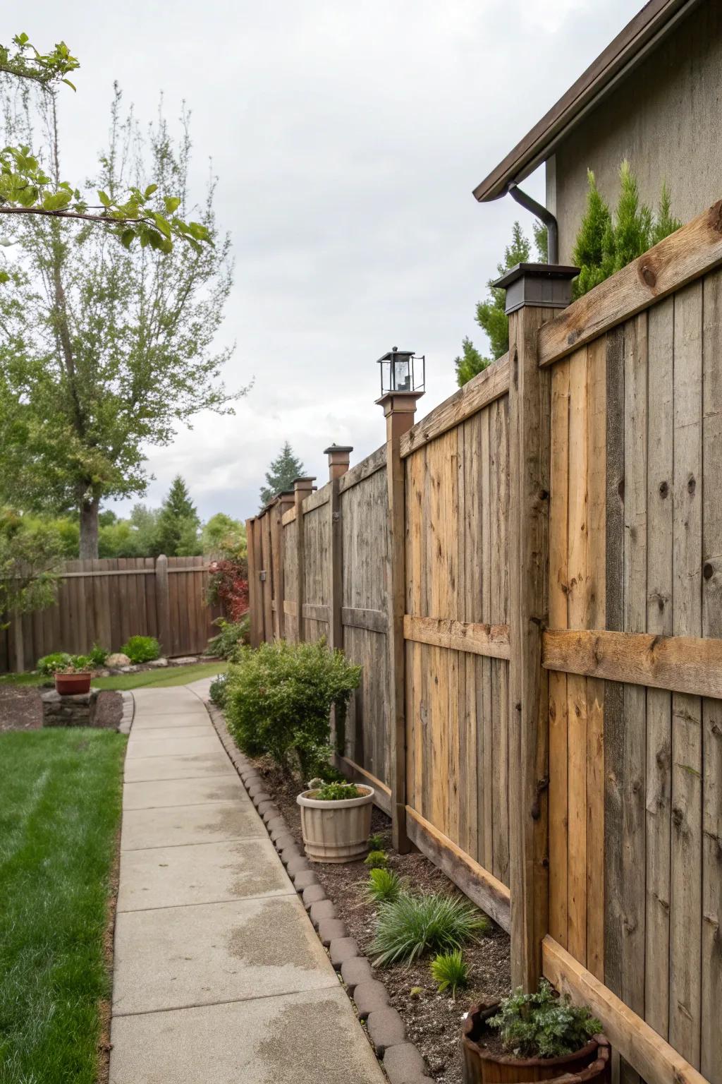 Sustainable side yard with a reclaimed wood fence.