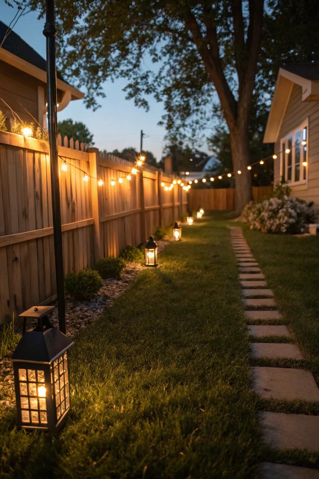 Lighting breathes life into your side yard as the sun sets.