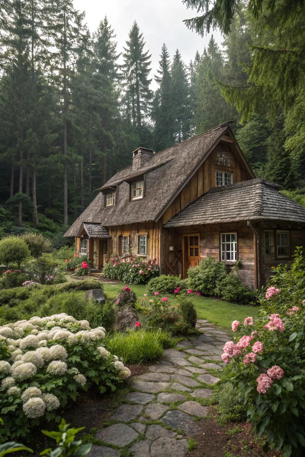 Untreated timber tones for a snug, cabin-esque facade.