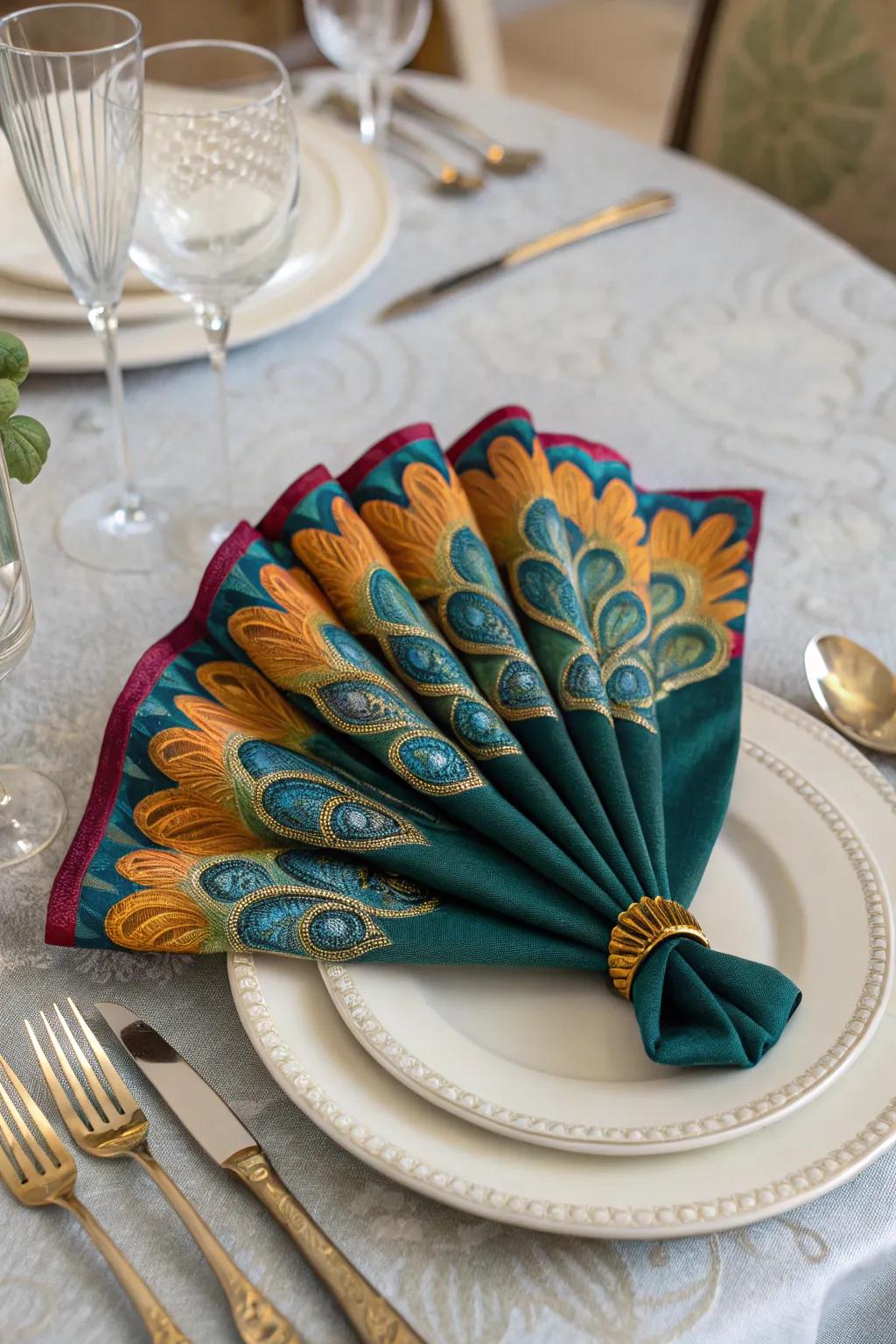 A cloth transformed into a royal bird tail, bringing an impressive and colorful touch to your table.