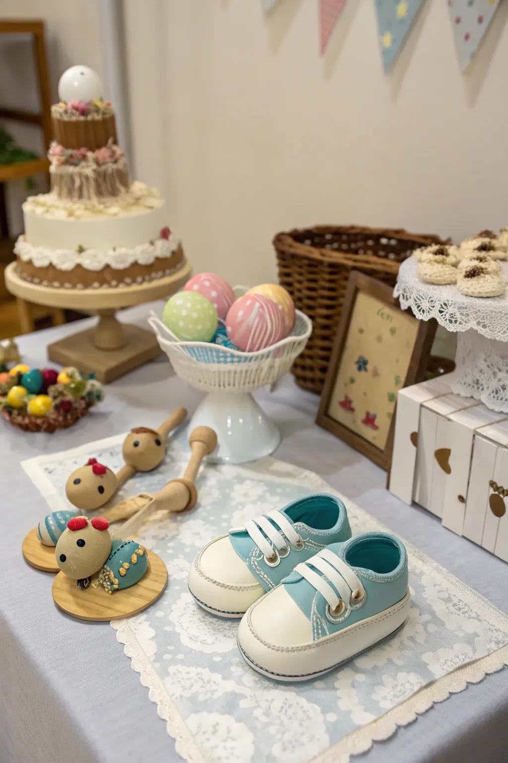 A themed table exhibit featuring charming baby-themed details.