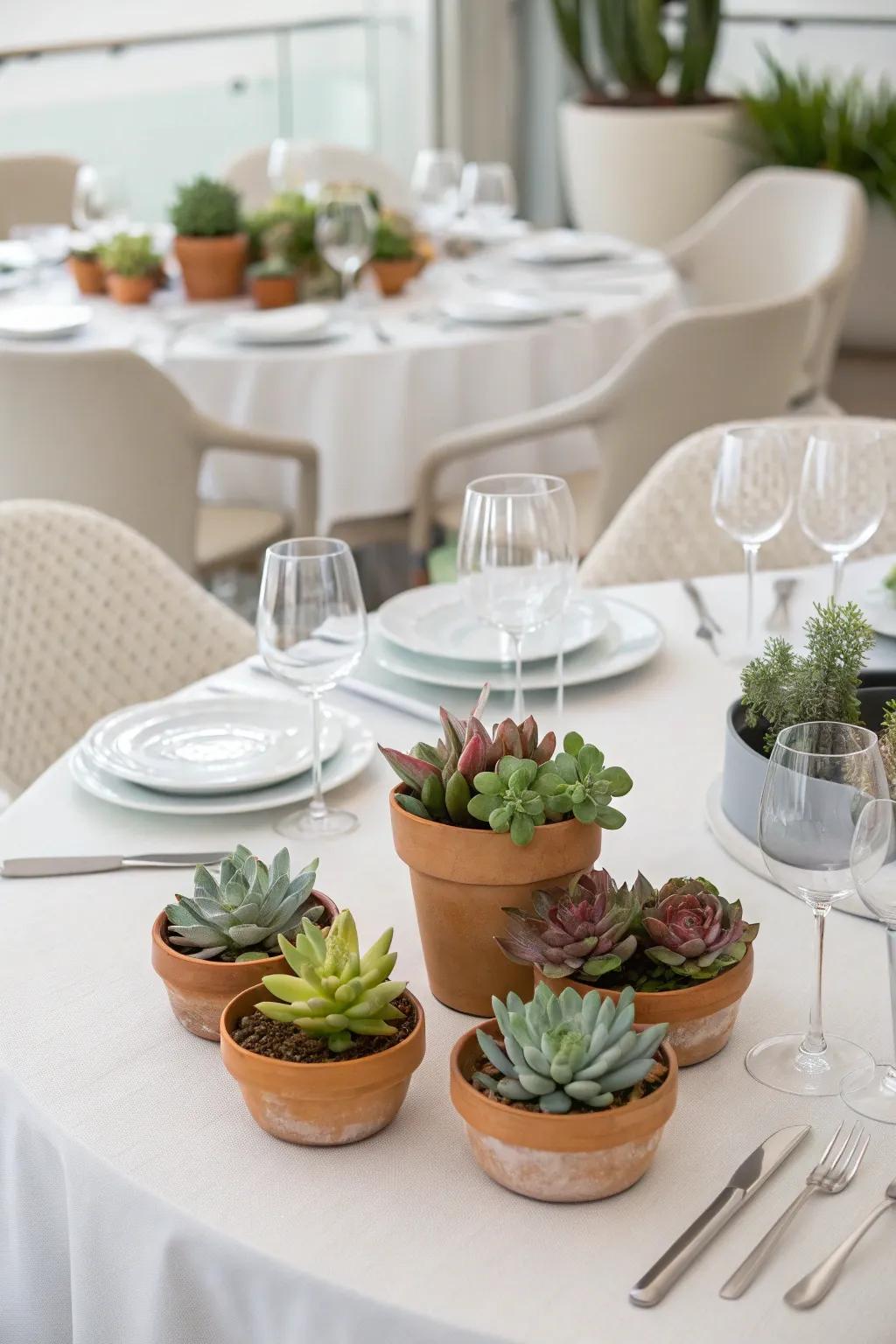 Succulents in small pots enhance this centerpiece with a fresh appeal.