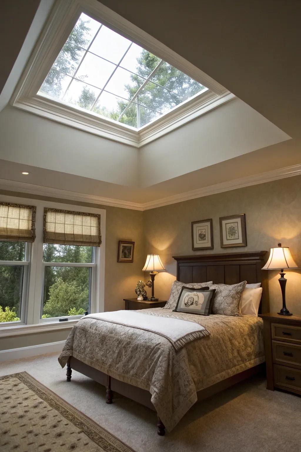 A serene bedroom where the skylight and trim combine to create a faux ceiling effect.