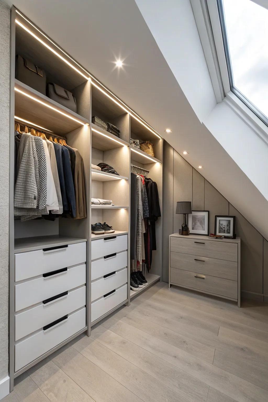 Built-in lighting brightens up your closet, making every corner visible and inviting.
